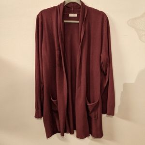 Mid-thigh lenghth cardigan by evolution in dark maroon, size 3X